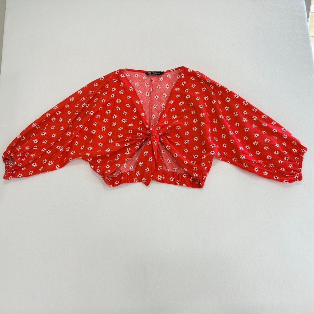 Zara Tie Front Crop Top Large Red Floral Cottagecore Boho Festival Peasant Top